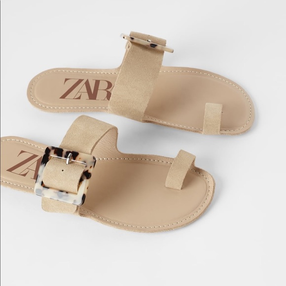 NWT Zara Leather Flat Sandals Tortoiseshell Buckle